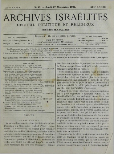 Archives israélites de France. Vol.45 N°48 (27 nov. 1884)